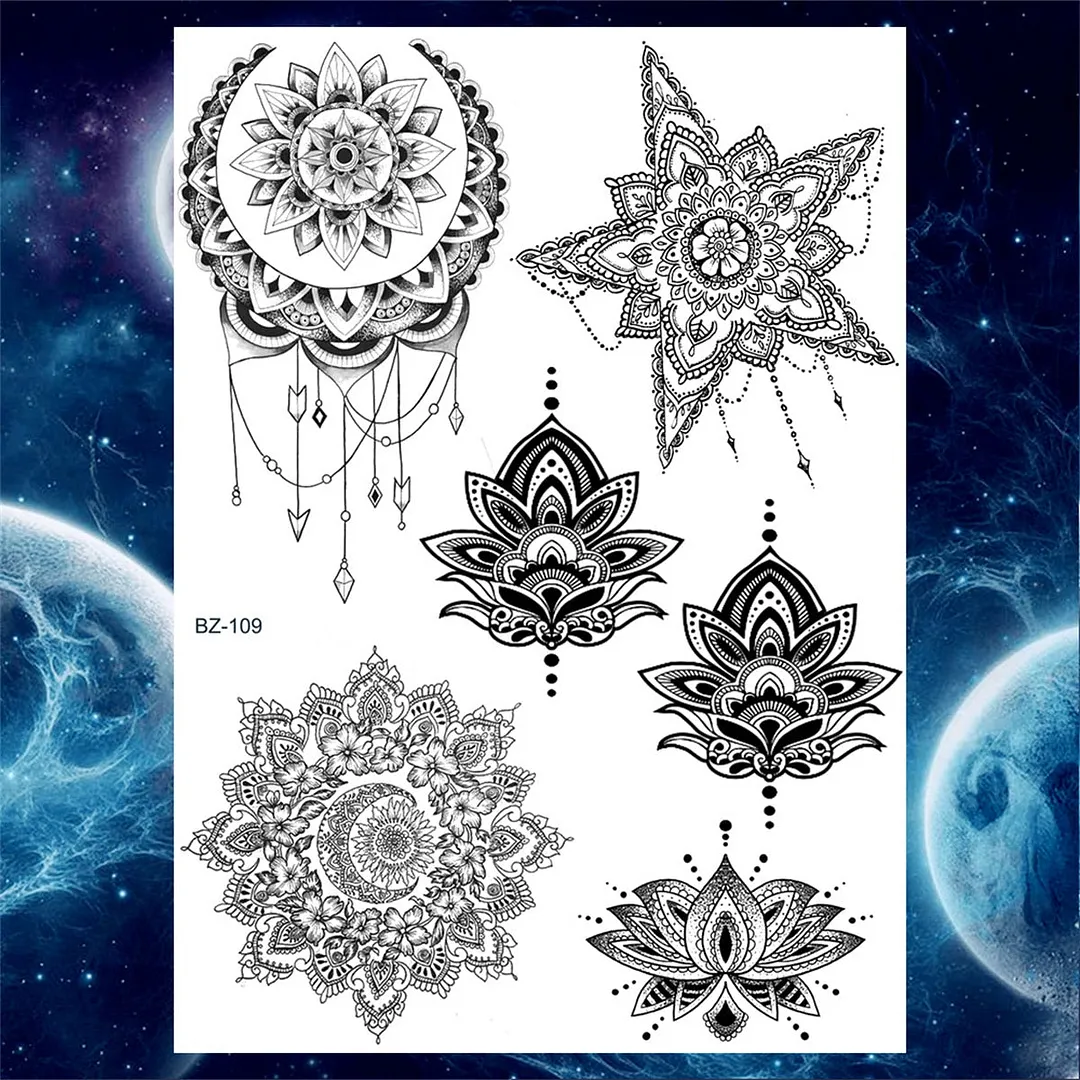 Sexy Black Henna Temporary Tattoos For Women Girls Lotus Flower Lace Tattoo Sticker Fake Jewelry Mandala Body Chest Tatoos Paper