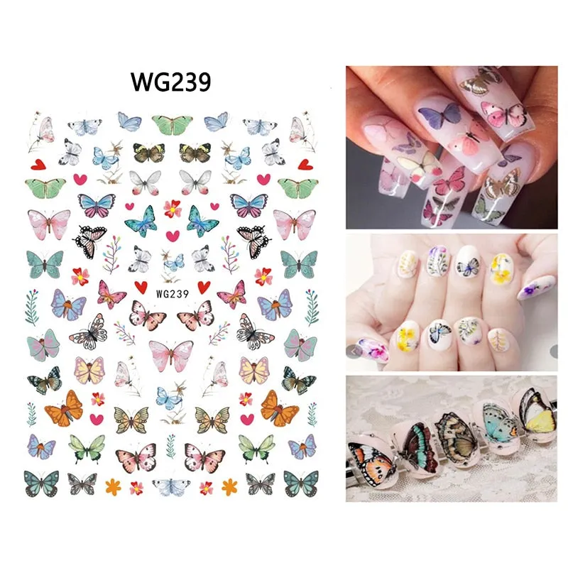 1pc Holographic Blue Nail Stickers Pink Colorful Butterfly Art Sticker With Adhesive DIY Extension Flowers Rose Nail Decoration-Nail Inspo