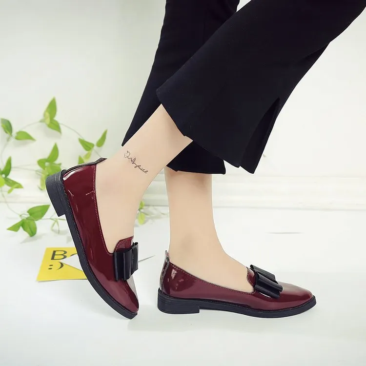 Spring Flats Women Shoes Bowtie Loafers Patent Leather Women's Low Heels Slip On Footwear Female Pointed Toe Thick Heel