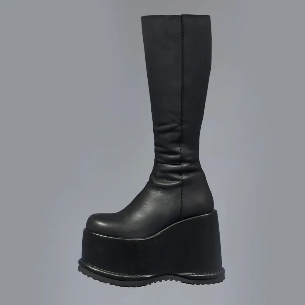 Women's Black Round Toe Wedge High Heel Platfrom Boots with Zip