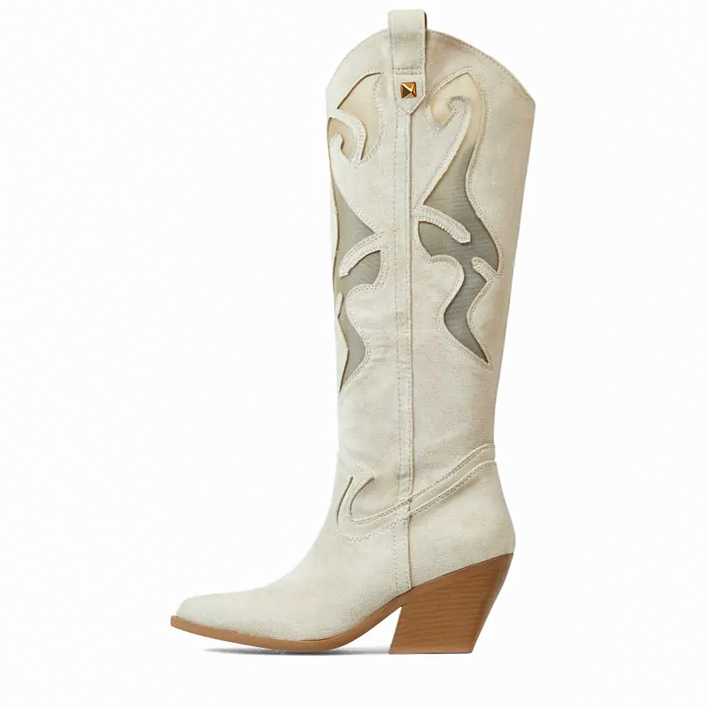 Beige Vegan Suede & Mesh Chunky Heel Knee High Cowgirl Boots Nicepairs