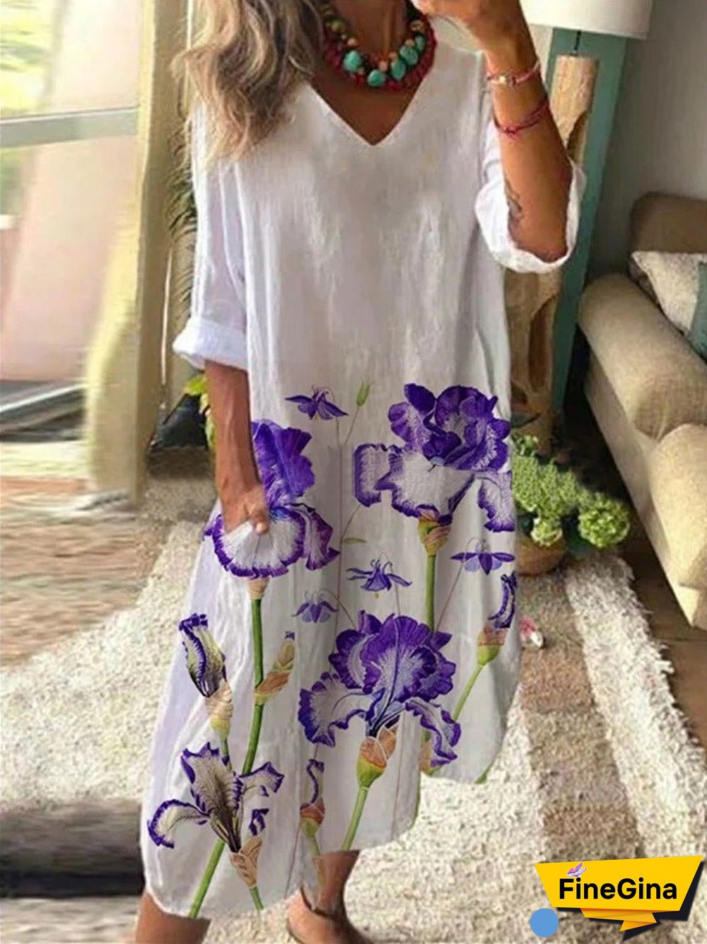 Women'S Dresses Vintage Graphic V-Neck Mid Sleeve Pocket Dress