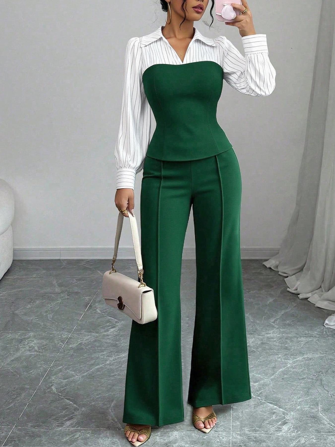 Women's Long Sleeve Colorblock Patchwork Shirt Set, Slimming Waist Design, Straight Leg Pants, Casual Fashion, Chic, Style, 2 Piece Set, Womenswear