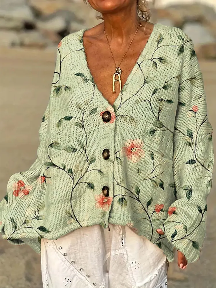 Women's Retro Art Flowers Casual Pullover Sweater