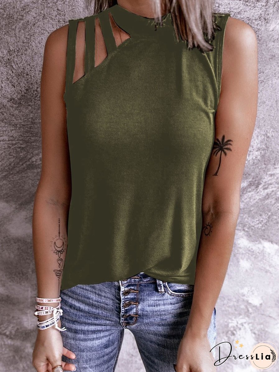 Solid Color Hollow Round Neck Tanks Tops