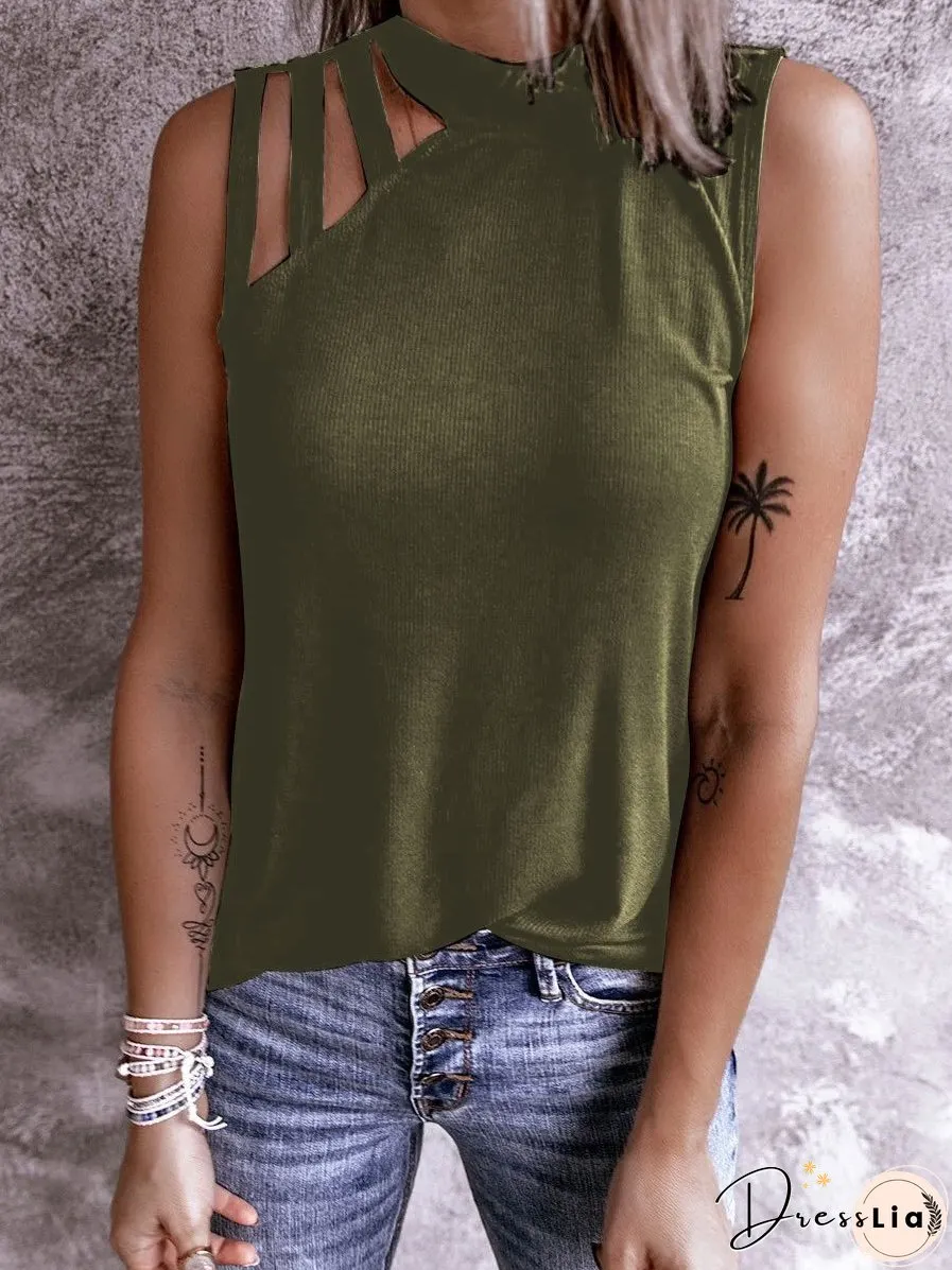 Solid Color Hollow Round Neck Tanks Tops