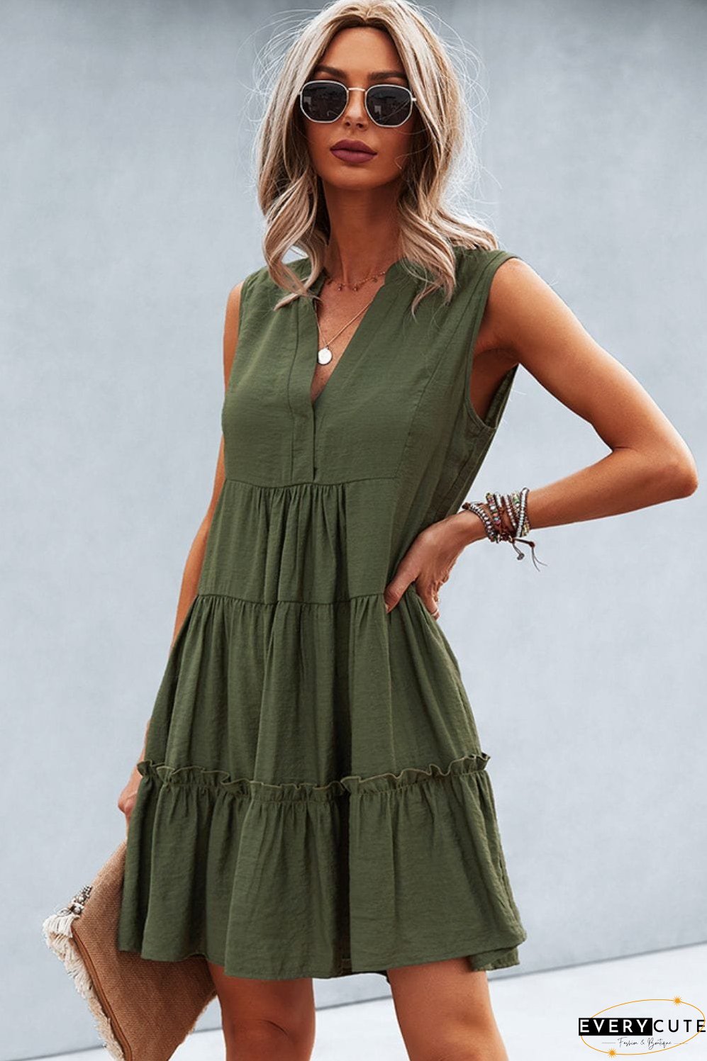 Frill Trim Notched Sleeveless Tiered Dress