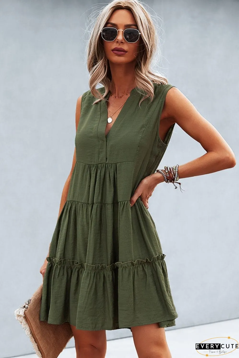Frill Trim Notched Sleeveless Tiered Dress