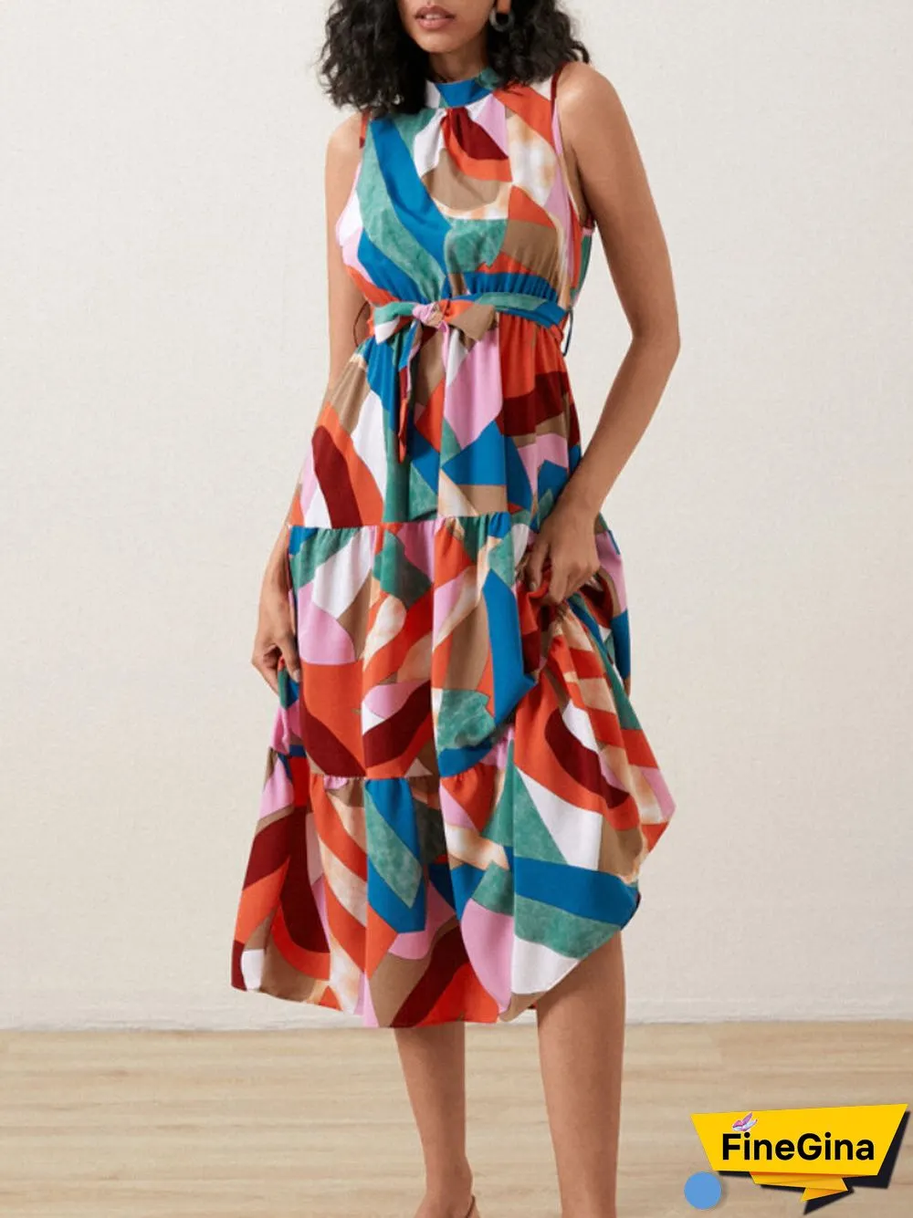 Multicolor Geo Print Stand Collar Sleeveless Maxi Dress