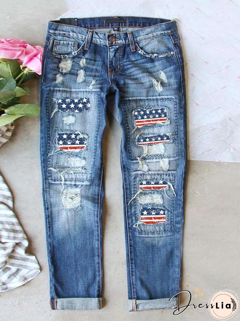 Independence Day Flag Print Ripped Jeans