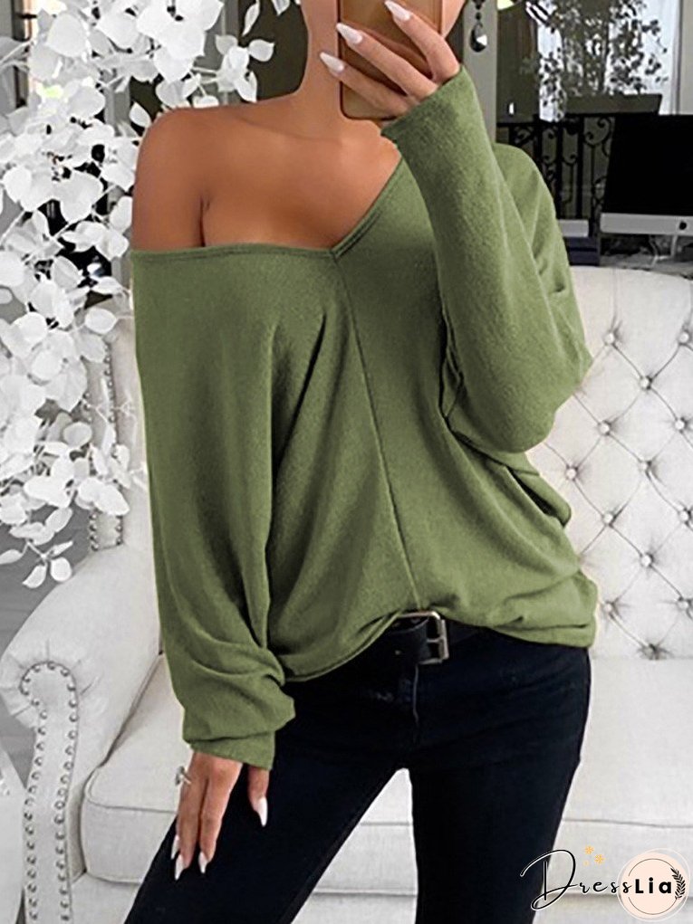 Women's T-Shirts Simple V-Neck Off-Shoulder Long Sleeve T-Shirt