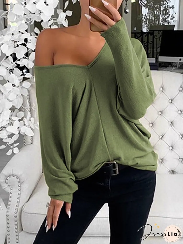 Women's T-Shirts Simple V-Neck Off-Shoulder Long Sleeve T-Shirt