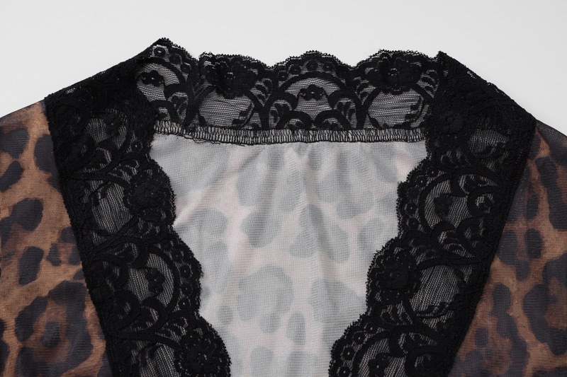 Ootddress Women's Sexy Mesh See Through Tee Shirt Summer Leopard Print Deep V Slim Long Bell Sleeve Fit Evening Club Partywear Top