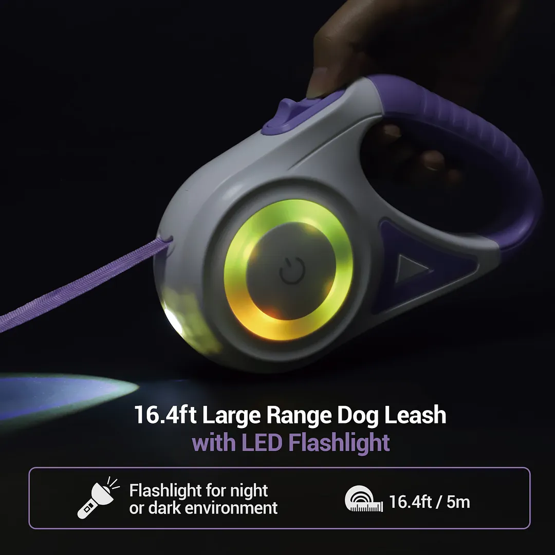 BEBANG Retractable Dog Leash, 16ft with Light, Anti-Slip Handle, One Button Brake & Lock Tangle-Free