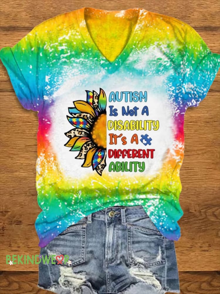 Women&rsquo;s Autism Is Not A Disability It&rsquo;s A Different Ability Sunflower Tie Dye Print T-Shirt As shown / S