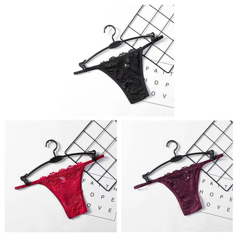 3PCS Sexy Panties Women Lace Low-rise Solid Sexy Briefs Seamless Intimate G-strings Thongs Panty Cotton Crotch Female Underwear