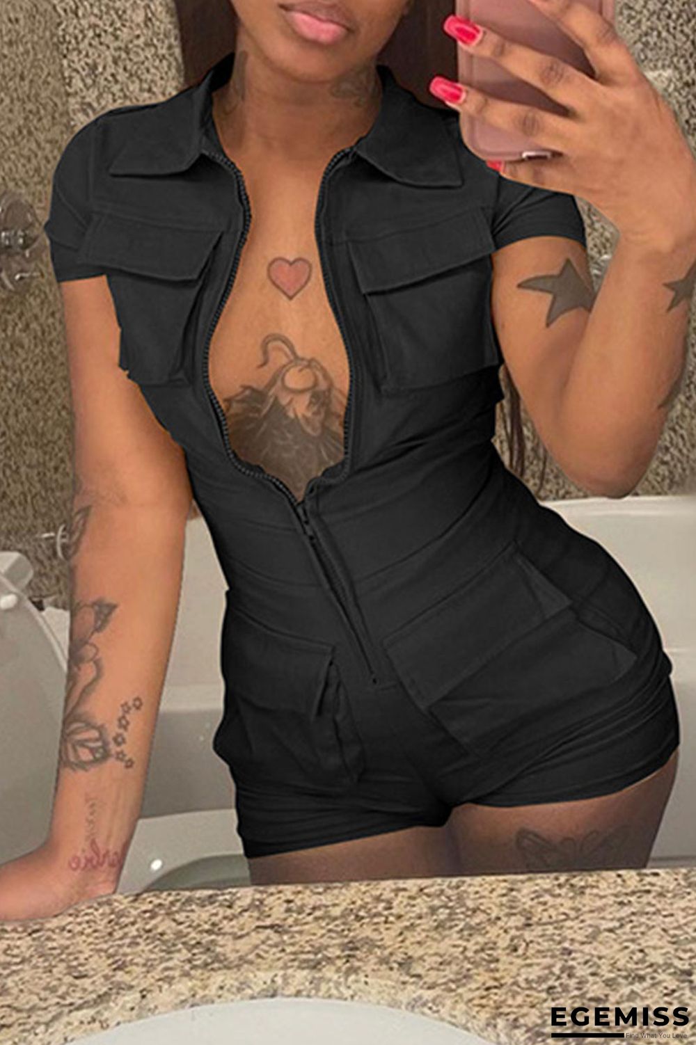 Black Casual Solid Patchwork Zipper Turndown Collar Regular Jumpsuits | EGEMISS