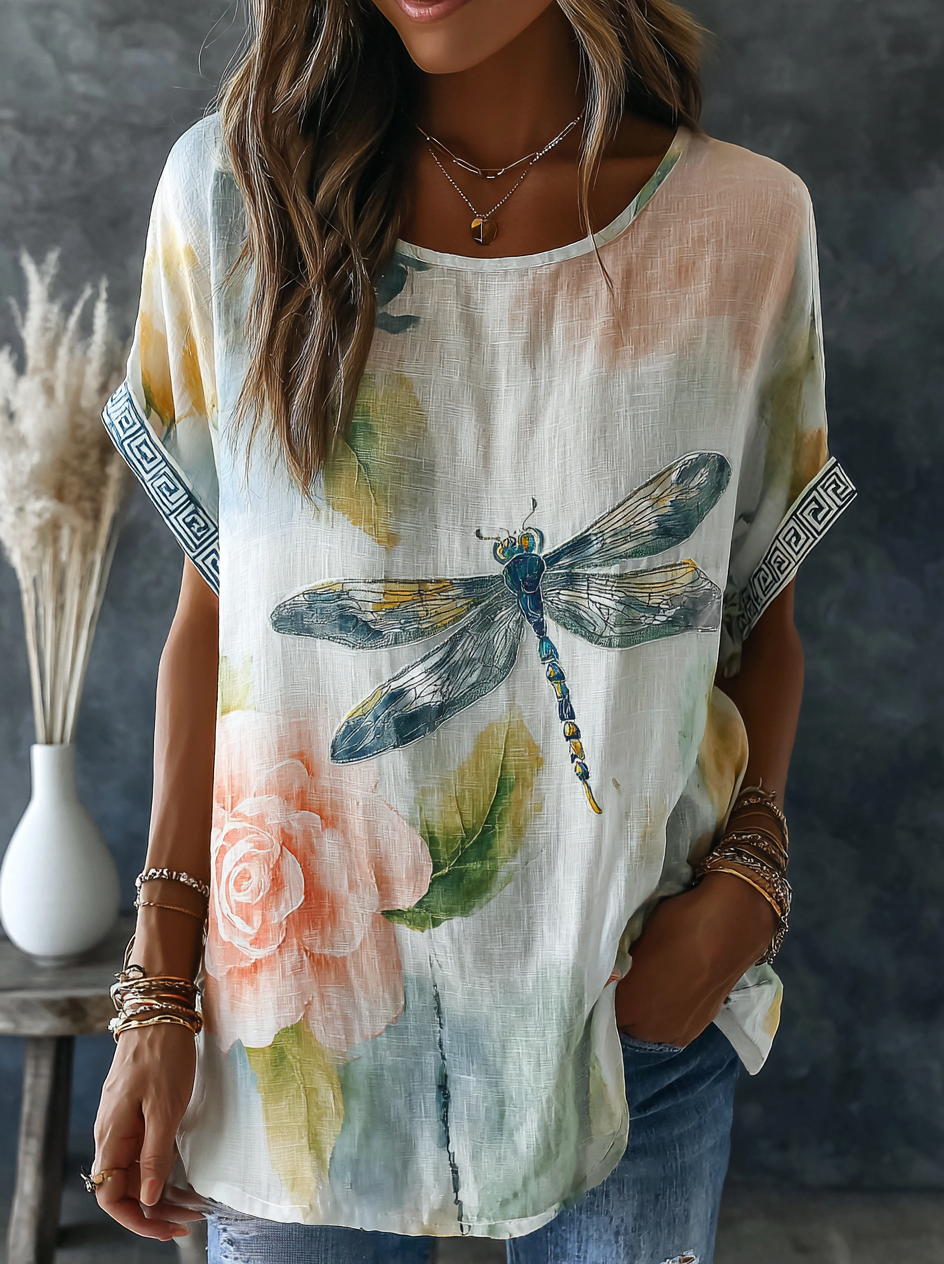 Comstylish Retro Dragonfly Pattern Linen Blend Short Sleeve Tops