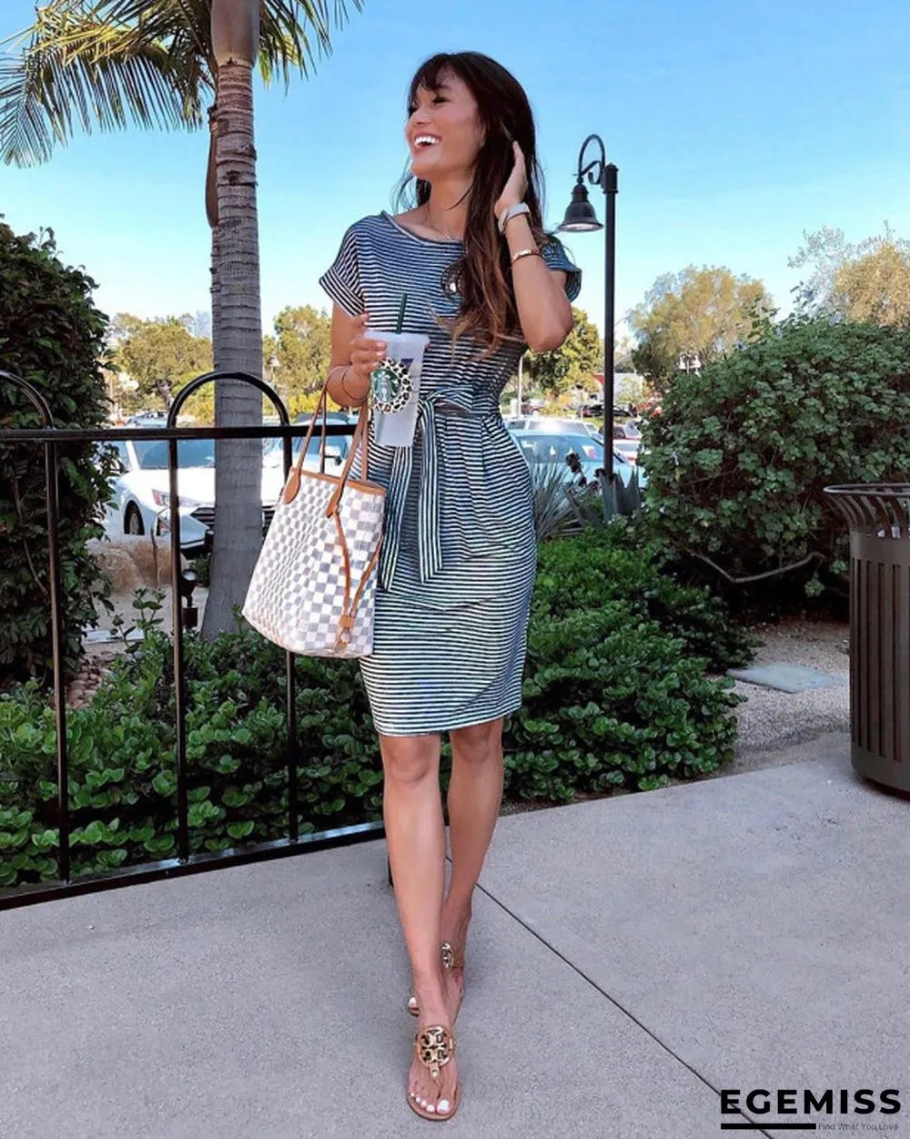 Belt Striped Dress with Sleeves | EGEMISS