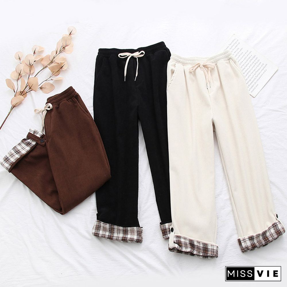 Corduroy Elastic Waist Plaid Roll Up Hem Pants