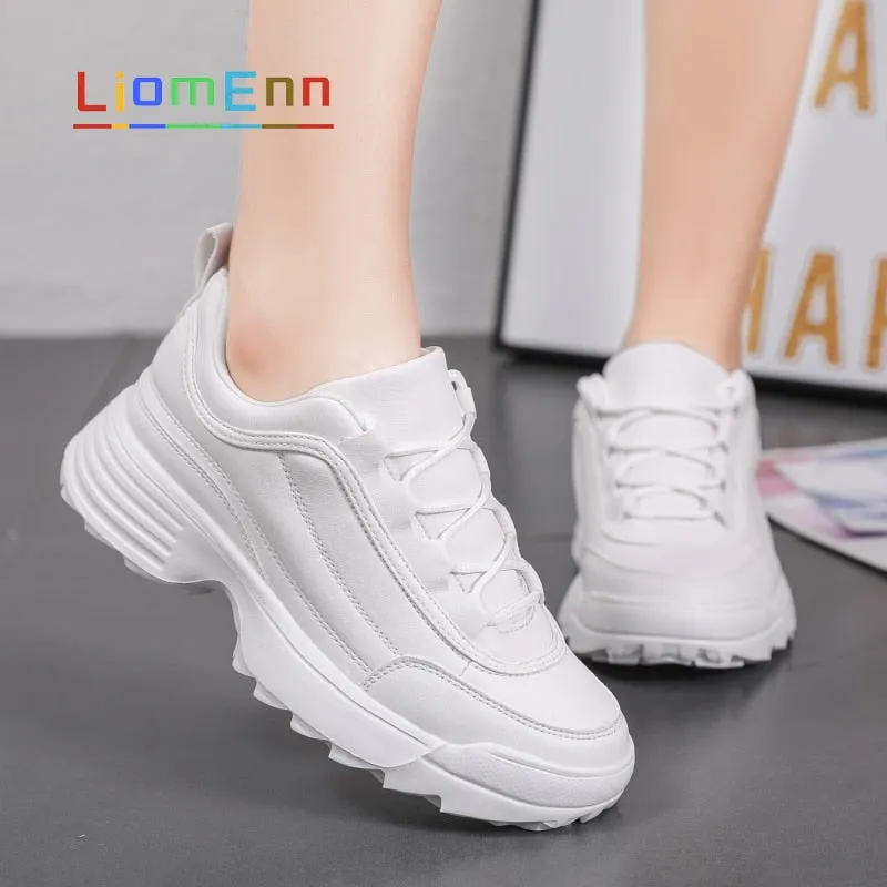 2021 Spring Leather Chunky Sneakers Women's Sports Shoes Ladies Thick White Black Sneakers Women Tennis Vulcanized Shoes basket
