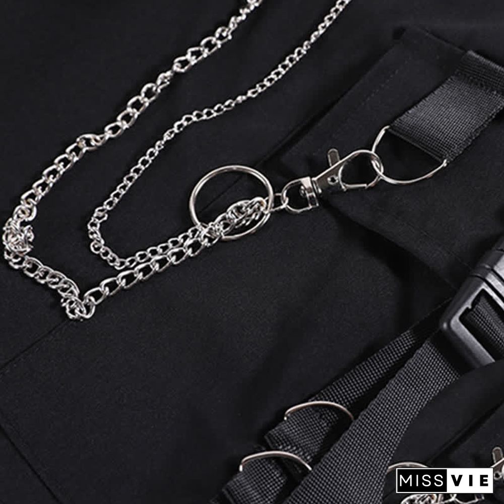 Chic Pocket Lapel Tie T-Shirt Casual Chain Cargo Shorts Pants