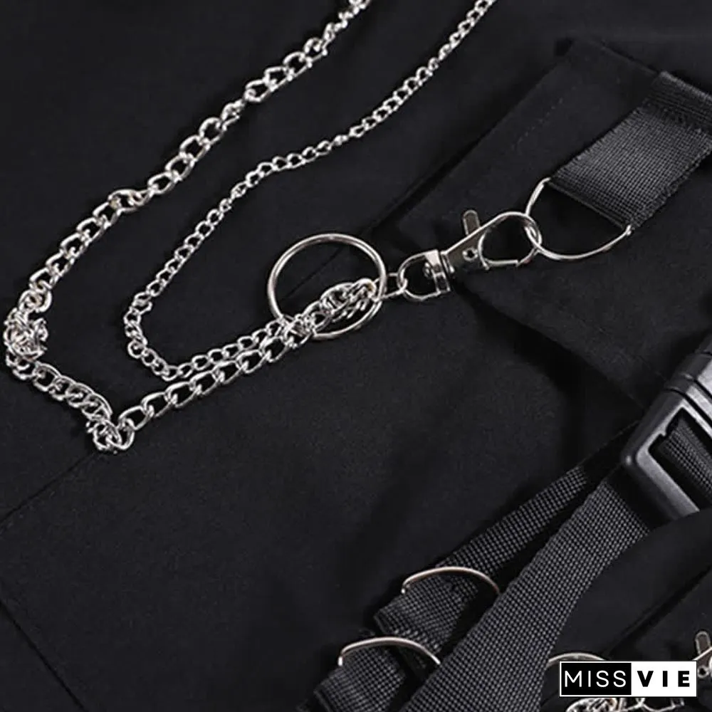 Chic Pocket Lapel Tie T-Shirt Casual Chain Cargo Shorts Pants