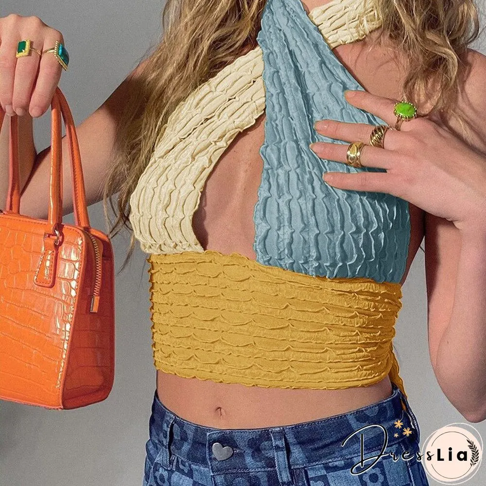 Patchwork Hollow Out Knit Crop Top Women Halter Neck Summer Sleeveless Backless Sexy Off Shoulder Party Tank Tops