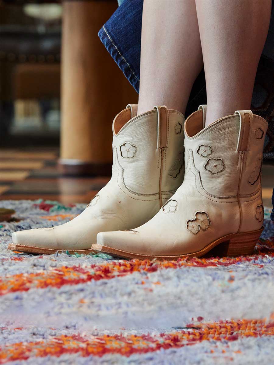 Beige Snip Toe Floral Inlay Block Heeled Cowgirl Ankle Boots 