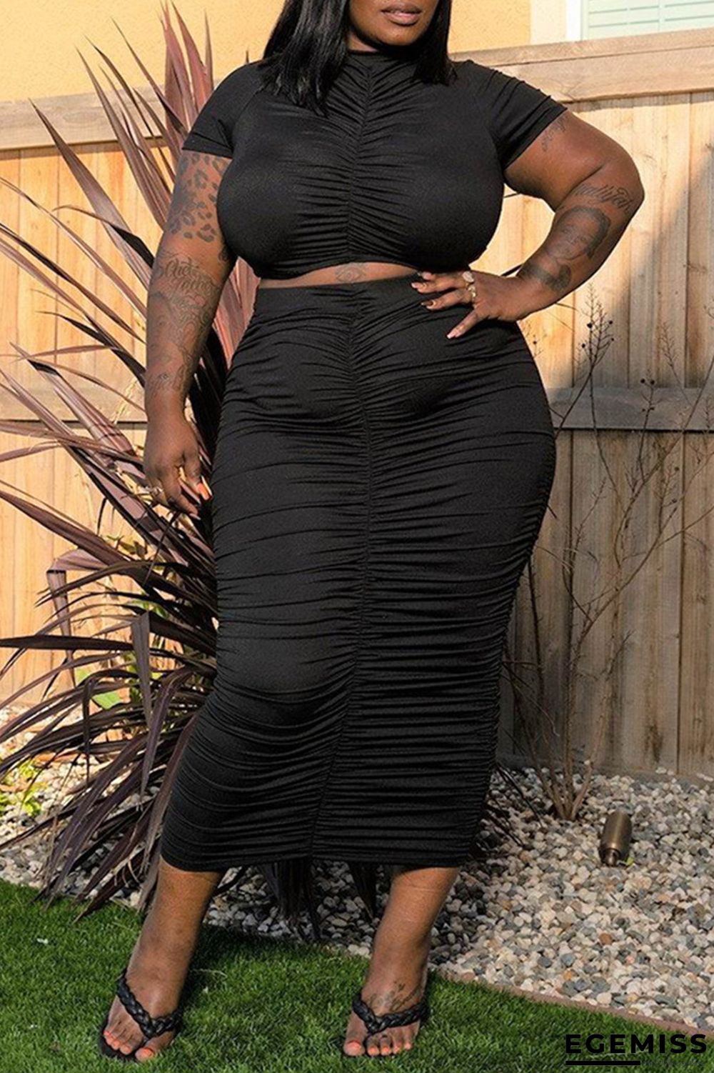 Black Fashion Casual Solid Fold O Neck Plus Size Two Pieces | EGEMISS