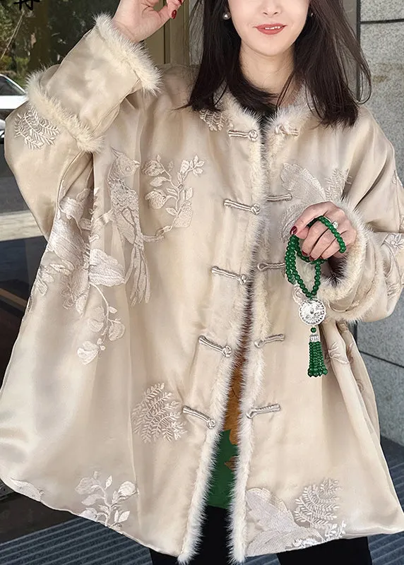 Vintage Beige Embroidered Mink Hair Patchwork Fine Cotton Filled Coat Winter
