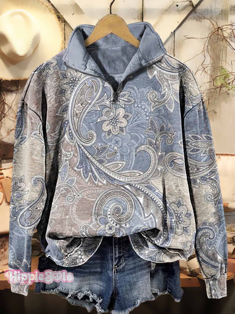 Women&rsquo;s Nation Paisley Print Casual Long Sleeve Zipper Sweatshirt Multicolor / S