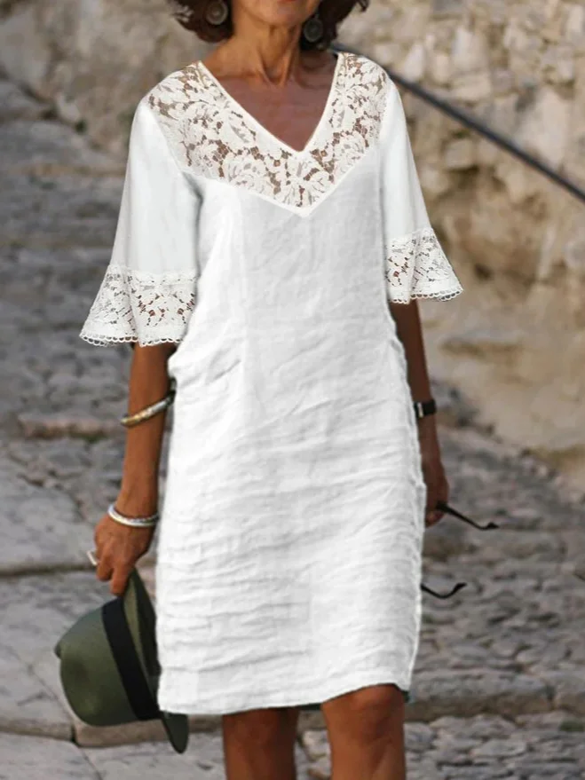 Lace V-neck Half Sleeve Midi Tunic Dress