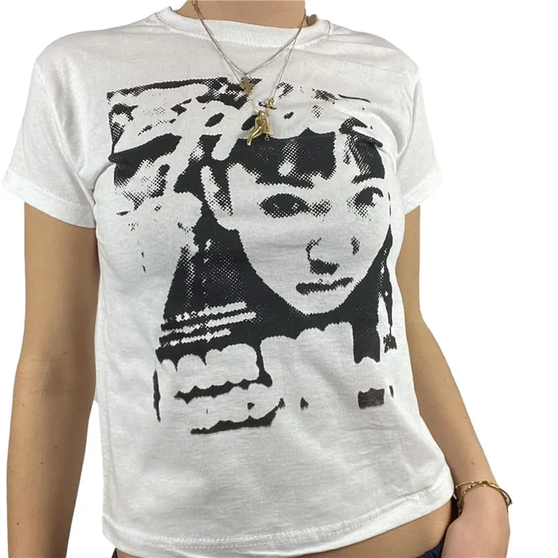 Xingqing Y2K Summer Short Sleeve T-shirt Girls Creative Figure Printing Round Collar Tops Slim Base Shirt Harajuku Tee Top