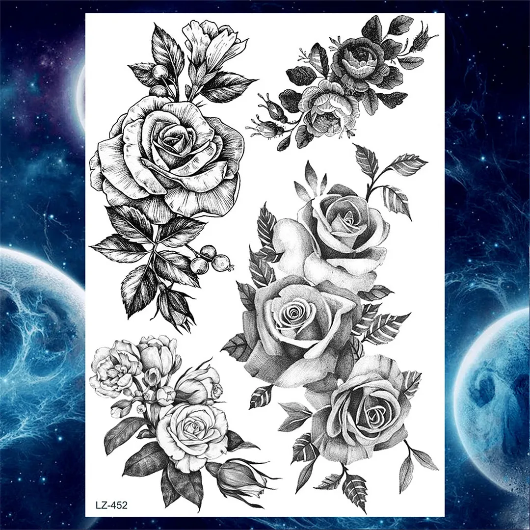 Sexy Girl 3D Flower Rose Temporary Tattoos For Women Black Dreamcatcher Tattoo Sticker Realistic Fake Peony Large Tatoos Paste
