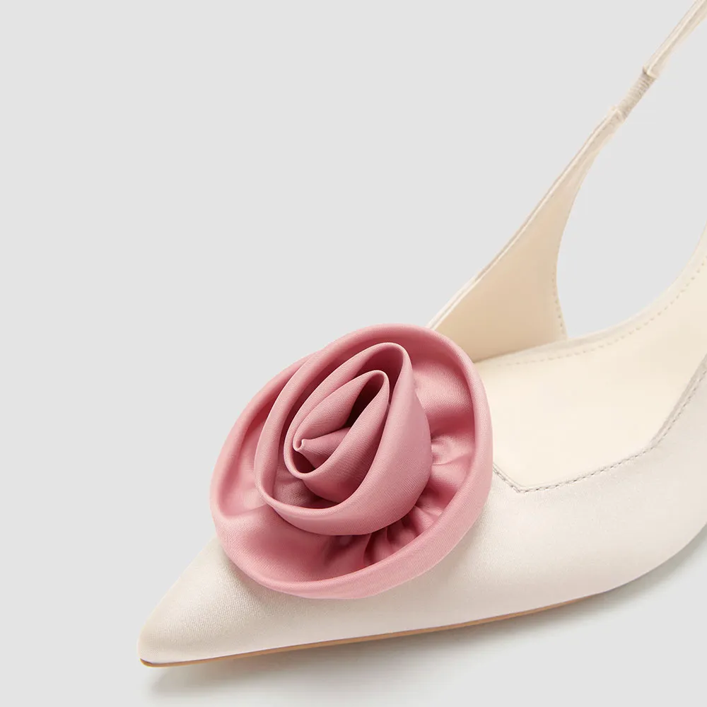 Elegant White Satin Rose Accent Pointed Toe Slingback Wedding Heels
