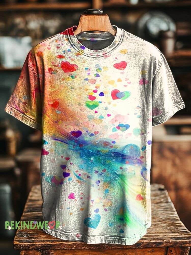 Rainbow Gradient Love Print Casual Round Neck Short Sleeve T-Shirt Multicolor / S