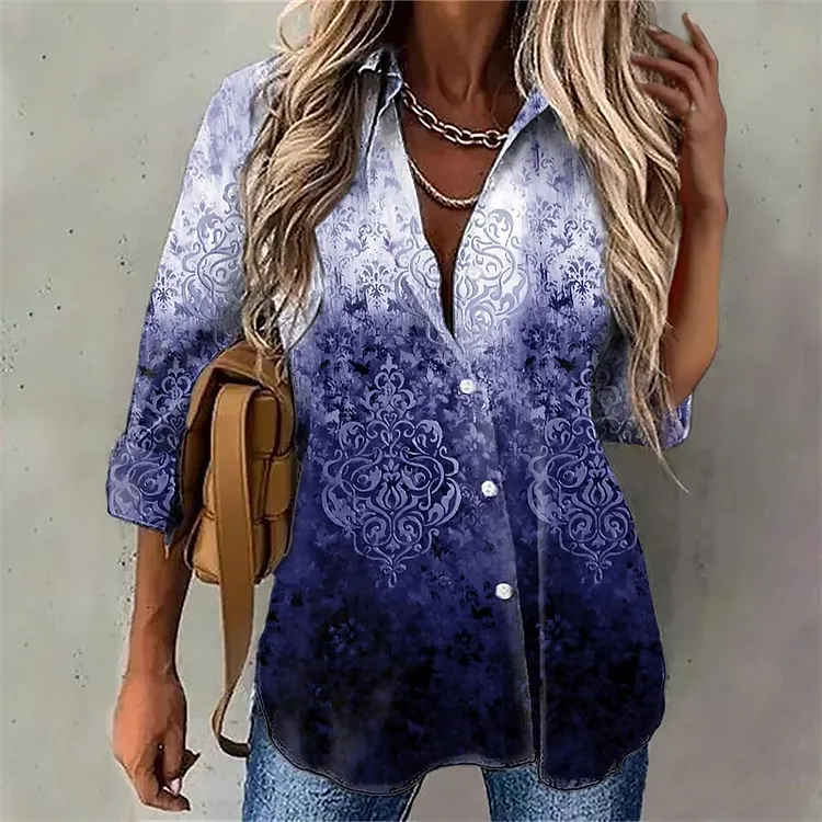 Vintage Print Lapel Long Sleeve Shirt