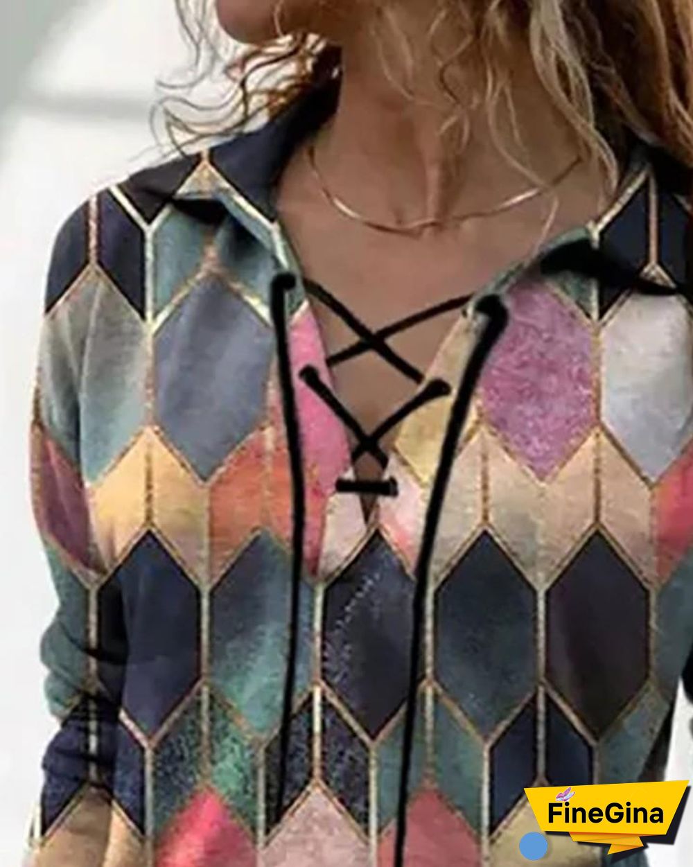 Geo Print Colorblock Lace Up T-shirt P12095
