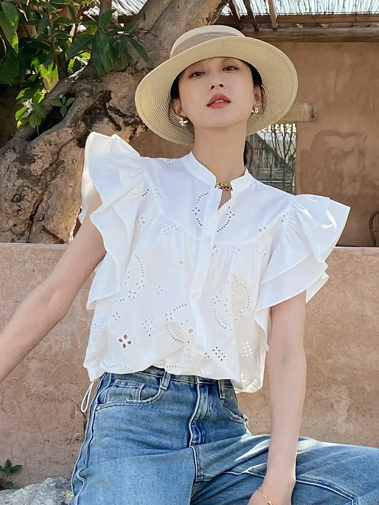 Uveng Uveng Sense Of White Shirt Summer French White Shirt Lotus Sleeves Of The Famous Wind Short Top Korean European Women's Clothing Tide