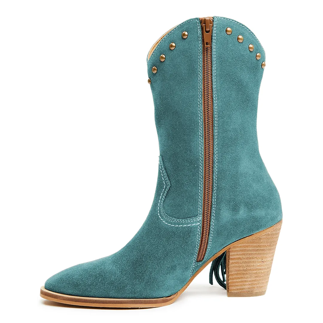Faux Suede Almond Toe Studded Turquoise Fringe Boots with Block Heel