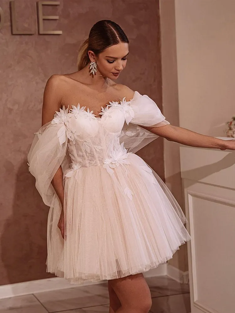 Women's Simple Tulle A-line Wedding Dresses for Bride Open Back Bohemian Wedding Party Dress