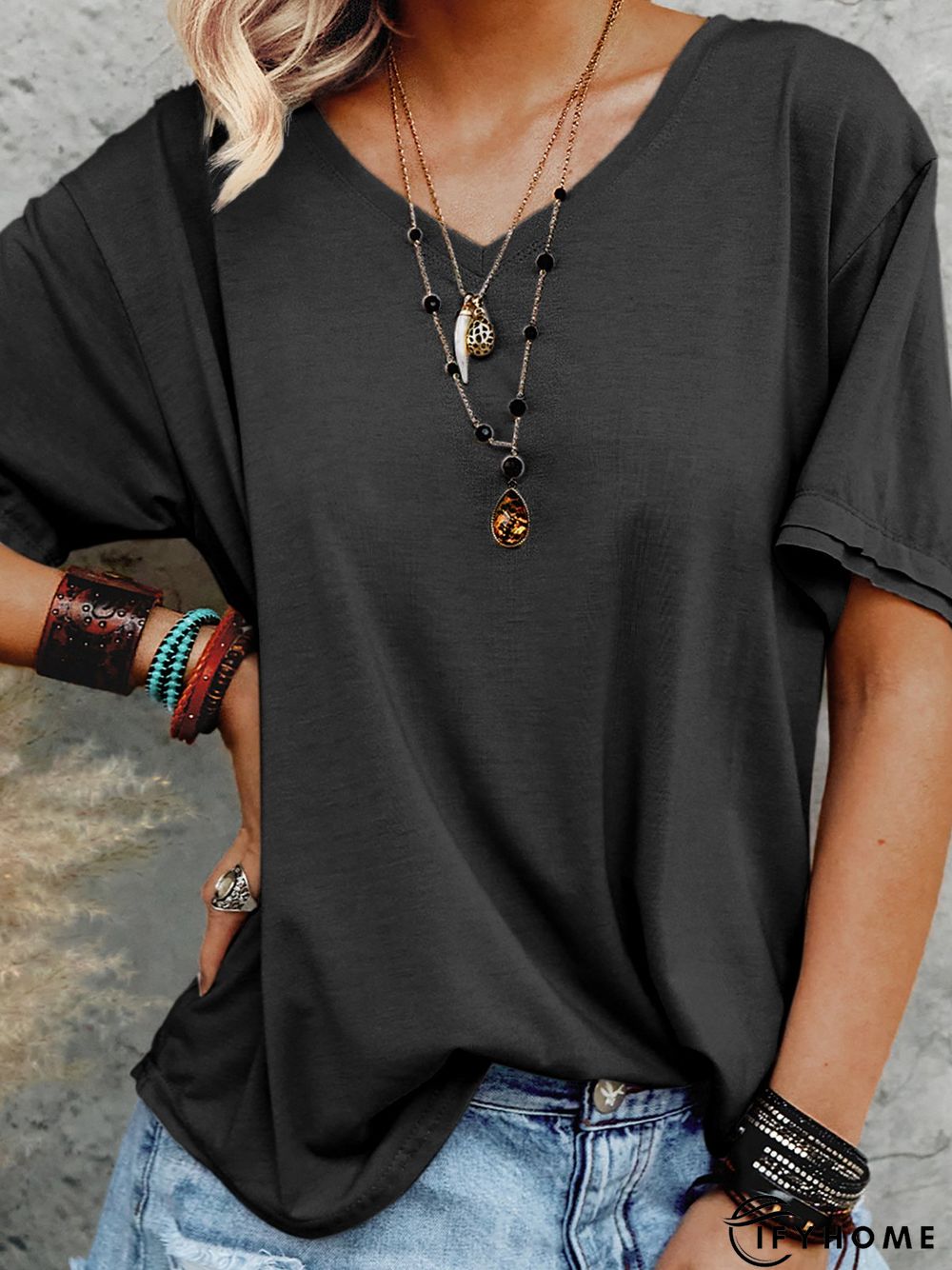 Cotton Holiday Short Sleeve V Neck T-shirt | IFYHOME