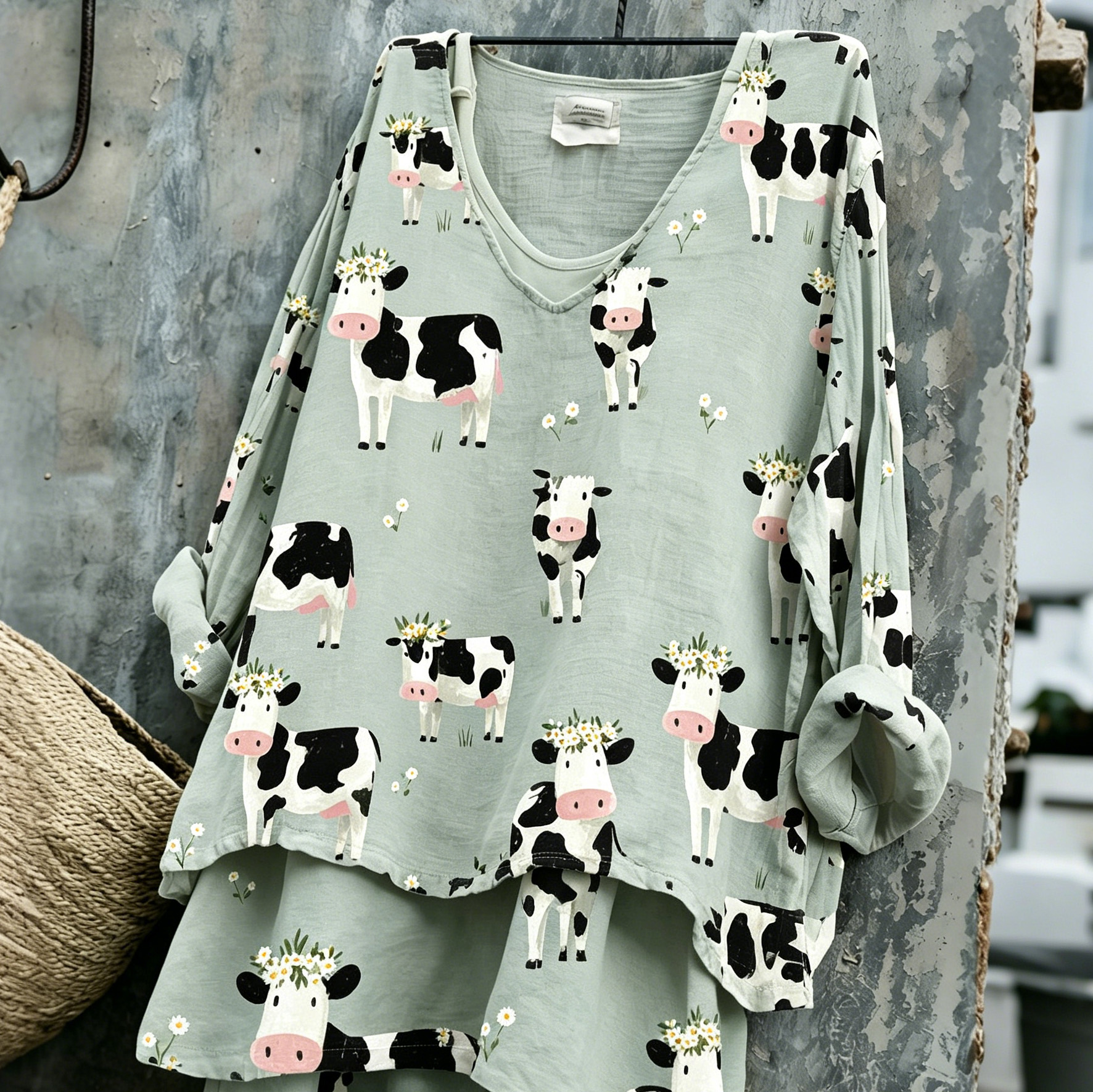 Comstylish Women's Cow And Floral Pattern Linen Blend Casual T-shirt