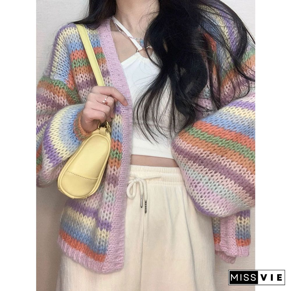 Colorblock Stripe Rainbow Knit Cardigan Sweater