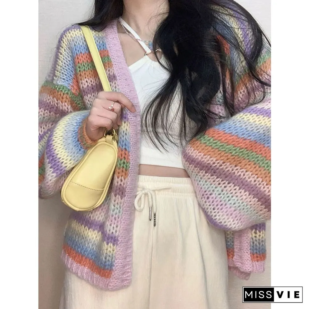 Colorblock Stripe Rainbow Knit Cardigan Sweater