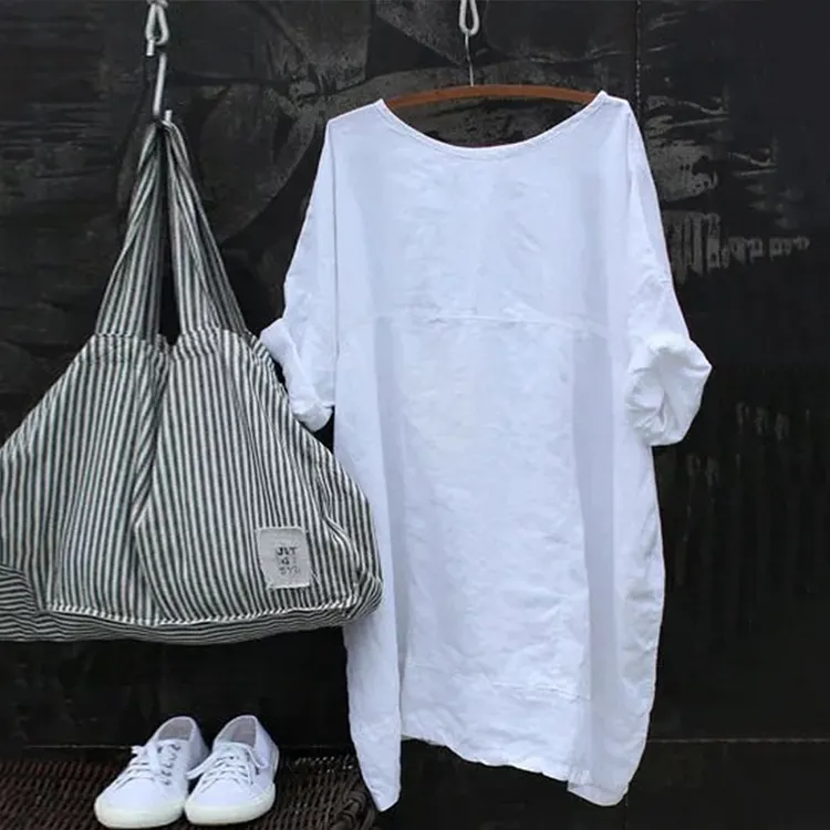 Casual Cotton Linen Round Neck Solid Stitching T-shirt