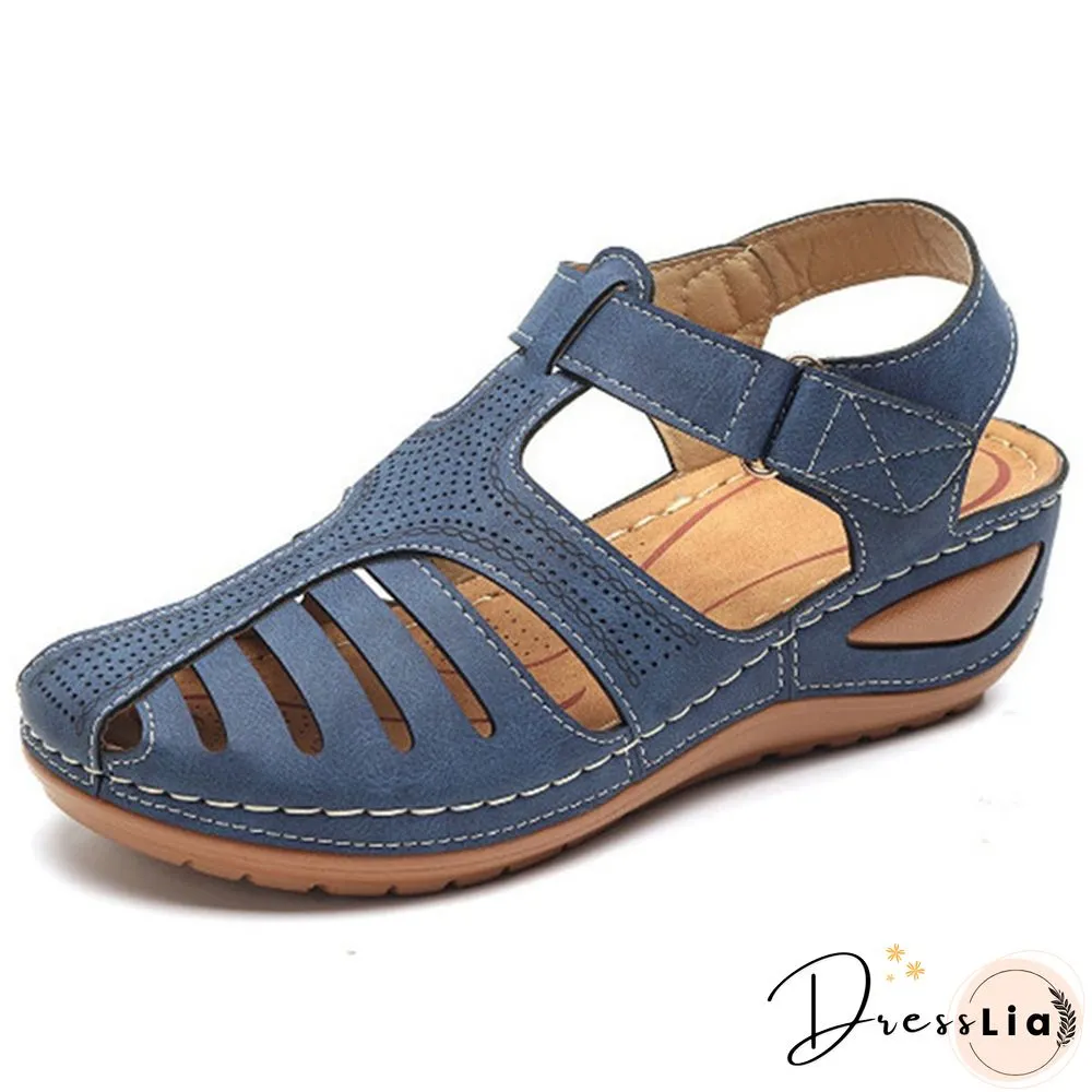 New Leather Hollow Out Vintage Sandals Casual Flat Sandals Summer Women Beach Sandal