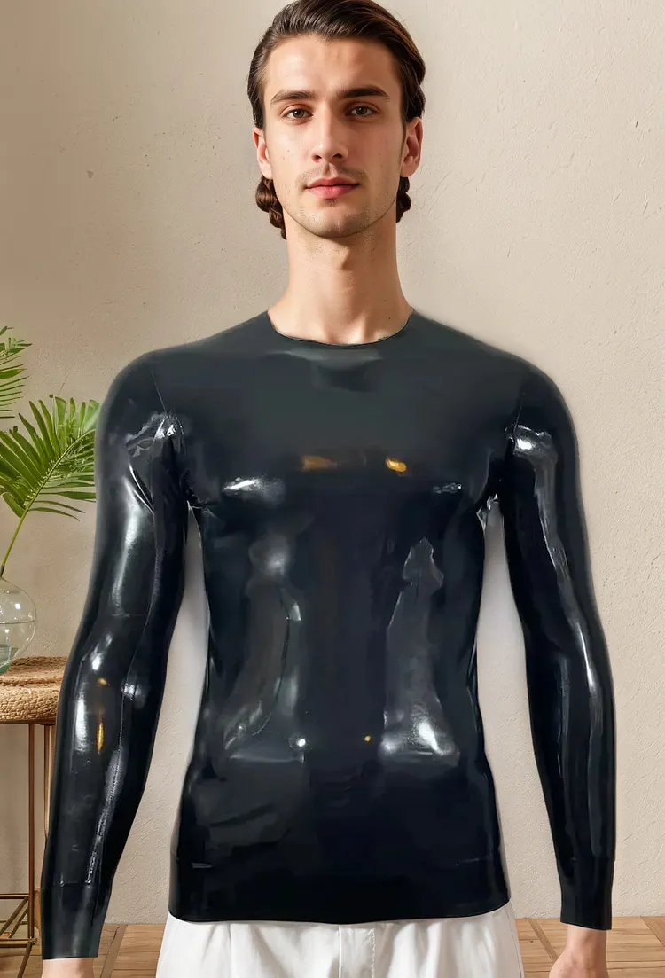 Men Latex Tops Long-Sleeved Black Fetishwear