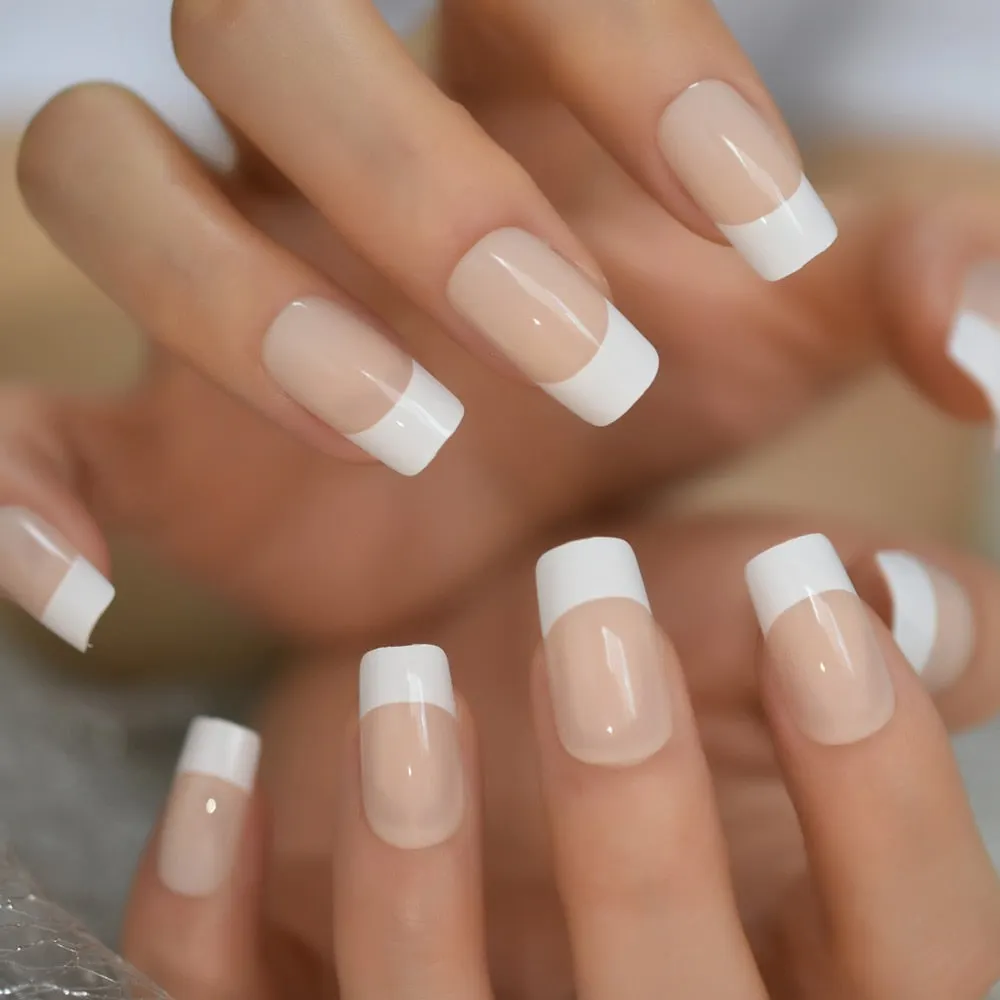 Pearl Shine Glossy Fake Nails Shimmer White Square Ombre French Nail Faux Ongles Gradient Medium Fingernails with Gluetabs-Nail Inspo